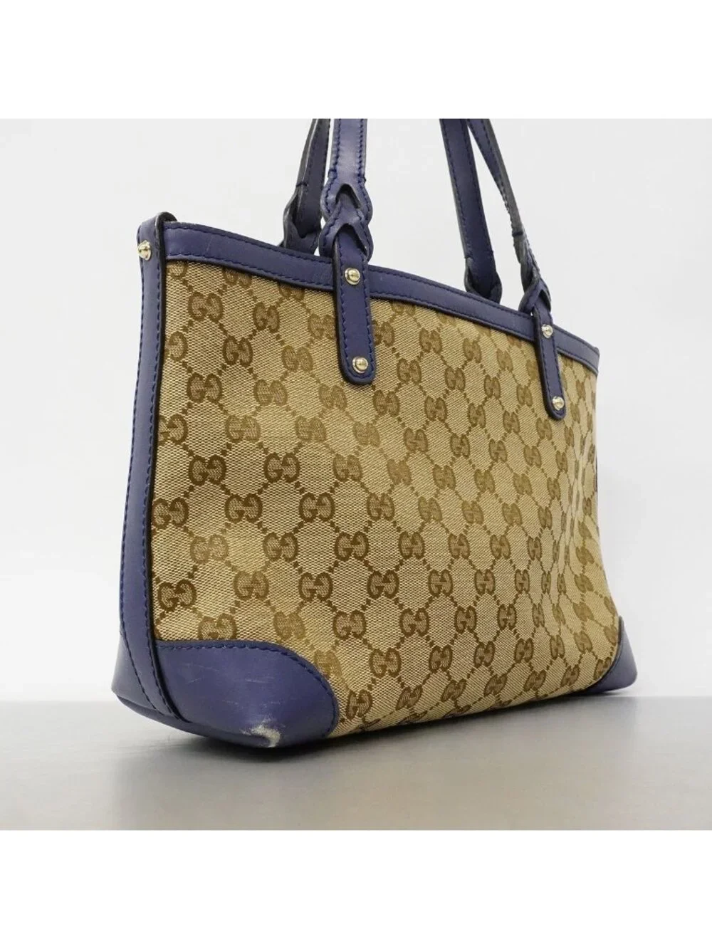 Gucci Tote GG Canvas Beige Blue Champagne Gold